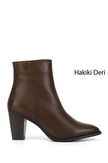 Kadın Kahve Antik Fermuarlı Sivri Burun Hakiki Deri Bot