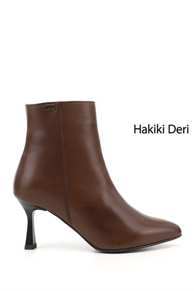 Kadın Kahve Antik Fermuarlı Sivri Burun Hakiki Deri Bot