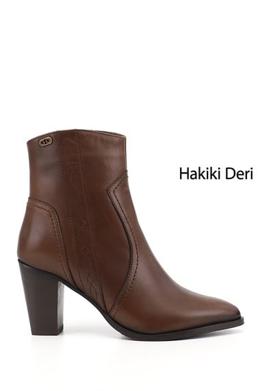 Kadın Kahve Antik Fermuarlı Sivri Burun Hakiki Deri Bot