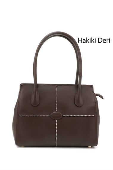 Kadın Kahve Antik Hakiki Deri El ve Omuz Çantası
