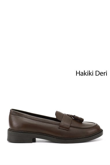 Kadın Kahve Antik Hakiki Deri Püsküllü Loafer Ayakkabı