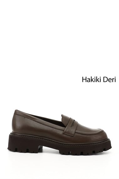 Kadın Kahve Antik Kalın Topuklu Hakiki Deri Loafer Ayakkabı
