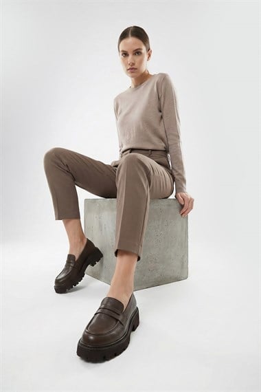 Kadın Kahve Antik Kalın Topuklu Hakiki Deri Loafer Ayakkabı