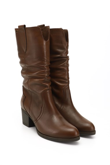 Kadın Kahve Antik Kalın Topuklu Körüklü Hakiki Deri Çizme