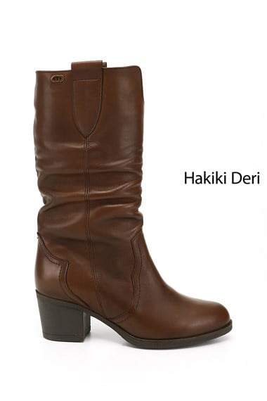 Kadın Kahve Antik Kalın Topuklu Körüklü Hakiki Deri Çizme