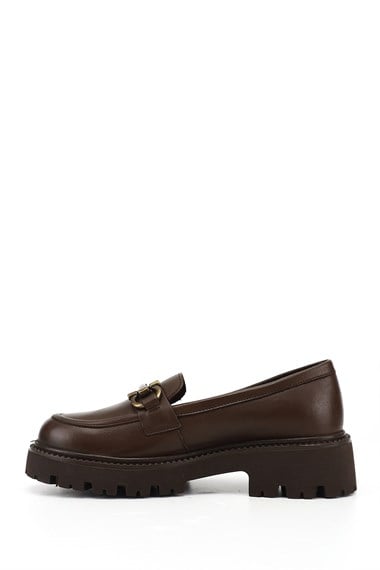 Kadın Kahve Antik Kalın Topuklu Tokalı Hakiki Deri Loafer Ayakkabı