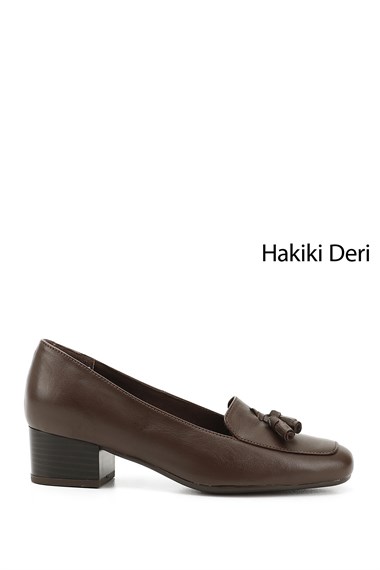 Kadın Kahve Antik Küt Burun Kısa Kalın Topuklu Hakiki Deri Ayakkabı