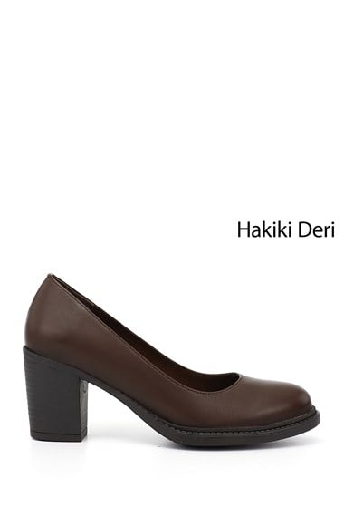 Kadın Kahve Antik Orta Kalın Topuklu Hakiki Deri Ayakkabı