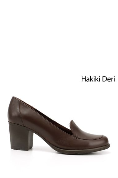 Kadın Kahve Antik Orta Kalın Topuklu Hakiki Deri Ayakkabı