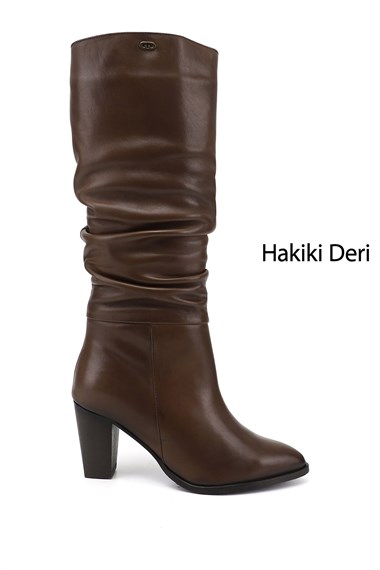 Kadın Kahve Antik Sivri Burun Kalın Topuklu Hakiki Deri Çizme
