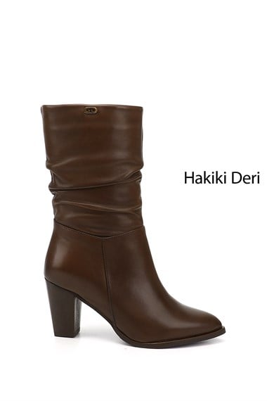 Kadın Kahve Antik Sivri Burun Körüklü Kalın Topuklu Hakiki Deri Çizme