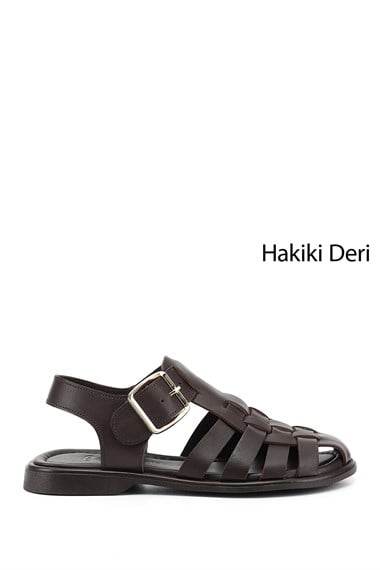 Kadın Kahve Antik Tokalı Bantlı Burnu Kapalı Hakiki Deri Sandalet