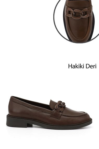 Kadın Kahve Antik Tokalı Hakiki Deri Loafer Ayakkabı