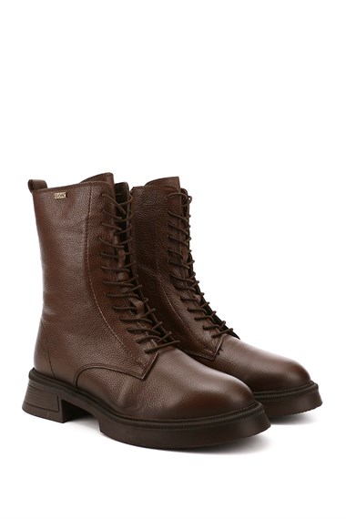 Womens Brown Floater Zippered Thick Sole Genuine Leather Combat Boots