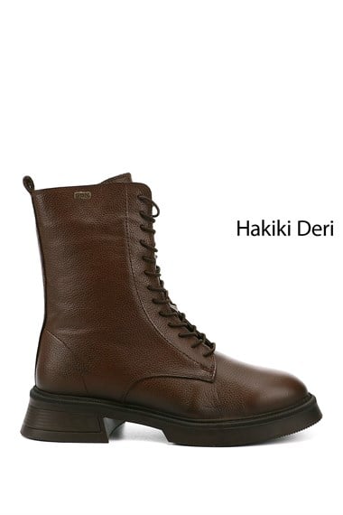 Womens Brown Floater Zippered Thick Sole Genuine Leather Combat Boots