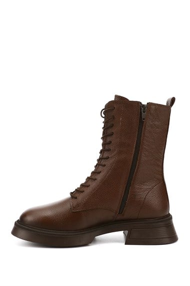 Womens Brown Floater Zippered Thick Sole Genuine Leather Combat Boots