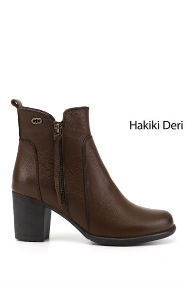 Kadın Kahve Floter Fermuarlı Kalın Topuklu Hakiki Deri Bot