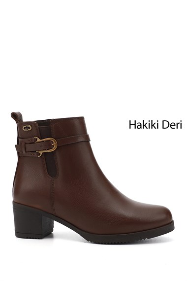 Kadın Kahve Floter Fermuarlı Kalın Topuklu Hakiki Deri Bot