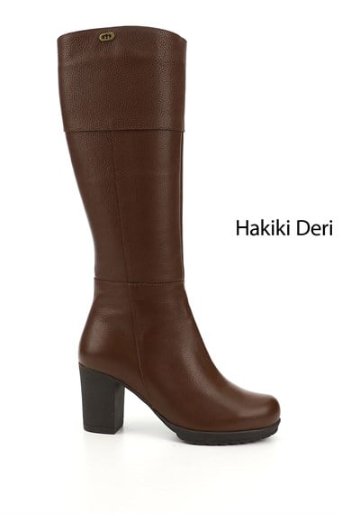 Kadın Kahve Floter Fermuarlı Kalın Topuklu Hakiki Deri Çizme
