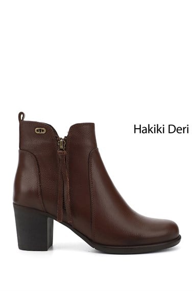 Womens Brown Floater Zippered Thick Heel Genuine Leather Boots