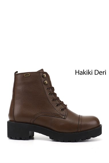 Kadın Kahve Floter Fermuarlı Kauçuk Taban Hakiki Deri Postal Bot