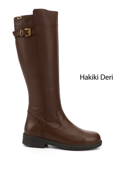 Kadın Kahve Floter Fermuarlı Kauçuk Taban Hakiki Deri Çizme