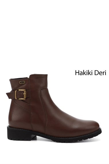 Kadın Kahve Floter Fermuarlı Kauçuk Taban Hakiki Deri Bot