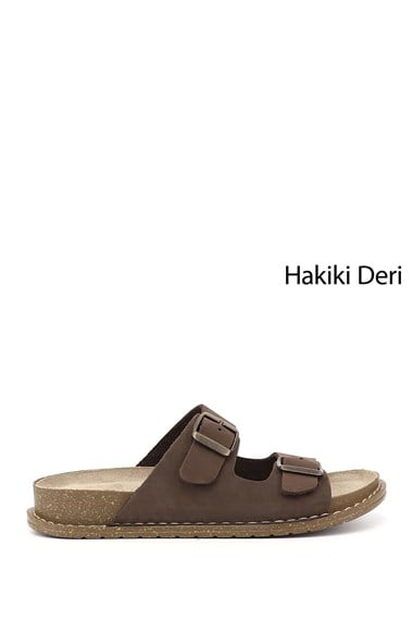 Kadın Kahve Nubuk Çift Tokalı Hakiki Deri Terlik
