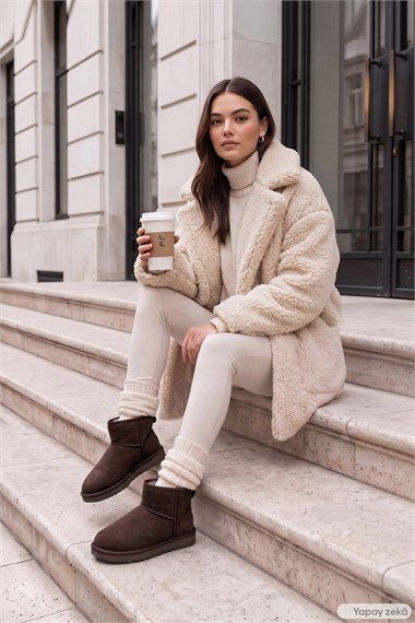 Womens Coffee Brown Nubuck Mini Genuine Leather Fur-Lined Boots
