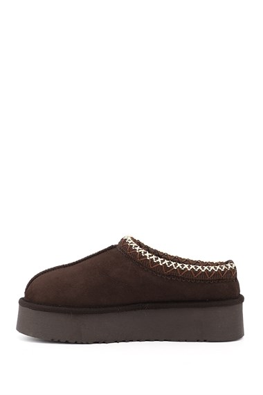 Womens Coffee Nubuck W Tazz Chunky Sole Genuine Leather Fur Lined Slippers