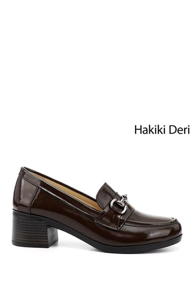 Kadın Kahve Rugan Kısa Kalın Topuklu  Hakiki Deri Ayakkabı