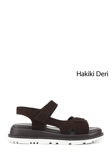 Kadın Kahve Süet Cırt Bantlı Hakiki Deri Sandalet