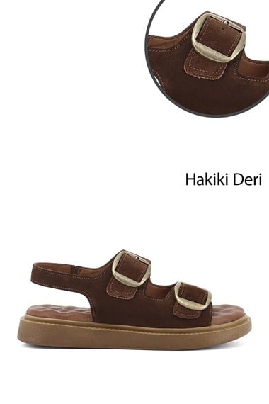 Kadın Kahve Süet Cırtlı Tokalı Dolgu Taban Hakiki Deri Comfort Sandalet