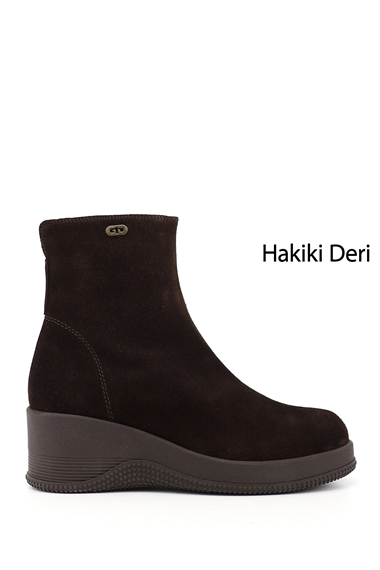 Kadın Kahve Süet Fermuarlı Dolgu Topuklu Hakiki Deri Bot
