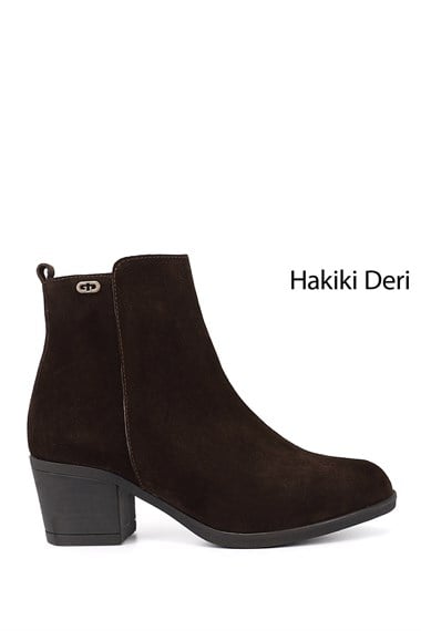 Kadın Kahve Süet Fermuarlı Kalın Topuklu Hakiki Deri Bot