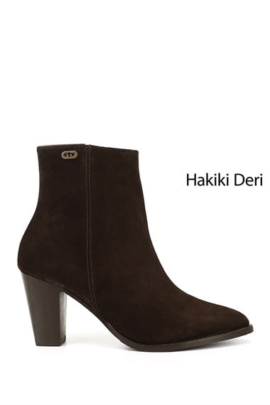 Kadın Kahve Süet Fermuarlı Sivri Burun Hakiki Deri Bot