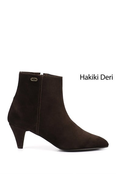 Kadın Kahve Süet Fermuarlı Sivri Burun Hakiki Deri Bot
