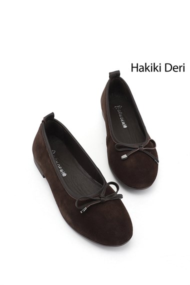Kadın Kahve Süet Fiyonklu Hakiki Deri Babet