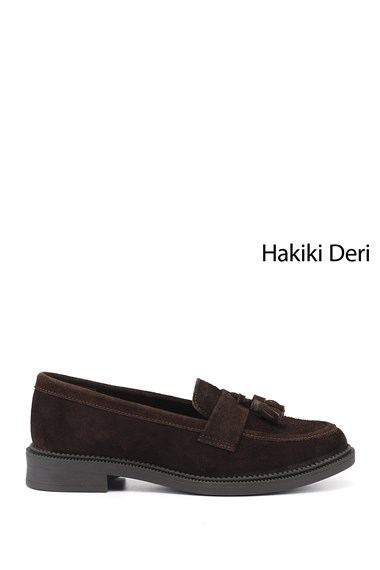 Kadın Kahve Süet Hakiki Deri Püsküllü Loafer Ayakkabı