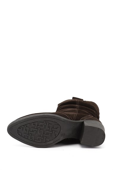 Womens Coffee Suede Chunky Heel Bellows Genuine Leather Boots