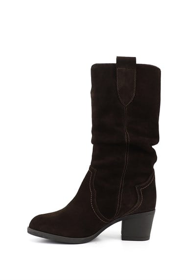 Womens Coffee Suede Chunky Heel Bellows Genuine Leather Boots