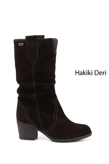 Kadın Kahve Süet Kalın Topuklu Körüklü Hakiki Deri Çizme