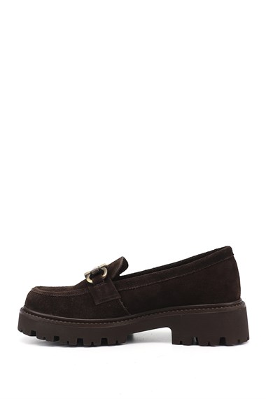 Kadın Kahve Süet Kalın Topuklu Tokalı Hakiki Deri Loafer Ayakkabı