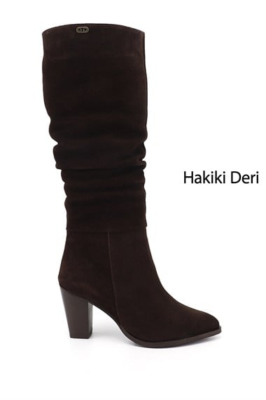 Kadın Kahve Süet Sivri Burun Kalın Topuklu Hakiki Deri Çizme