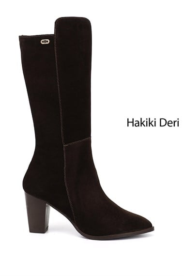 Kadın Kahve Süet Sivri Burun Kalın Topuklu Hakiki Deri Çizme
