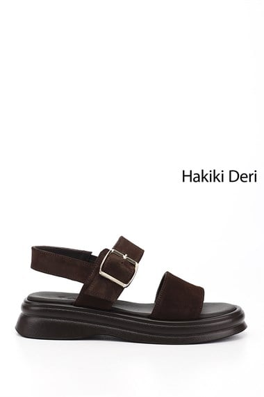 Kadın Kahve Süet Tokalı Bantlı Hakiki Deri Sandalet