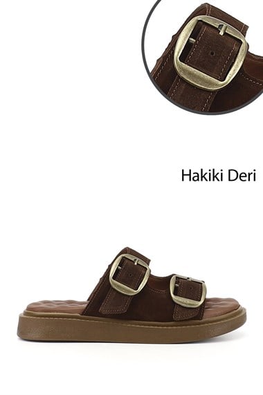 Kadın Kahve Süet Tokalı Dolgu Taban Hakiki Deri Comfort Terlik