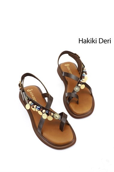 Kadın Kahverengi Boncuklu Parmak Arası Hakiki Deri Sandalet