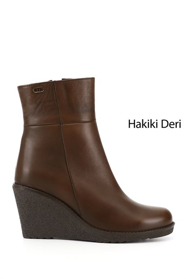 Kadın Kahverengi Fermuarlı Dolgu Topuklu Hakiki Deri Bot