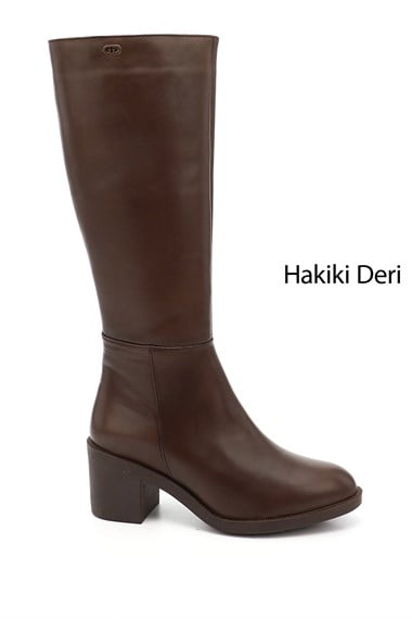 Womens Brown Zippered Thick Heeled Genuine Leather Boots